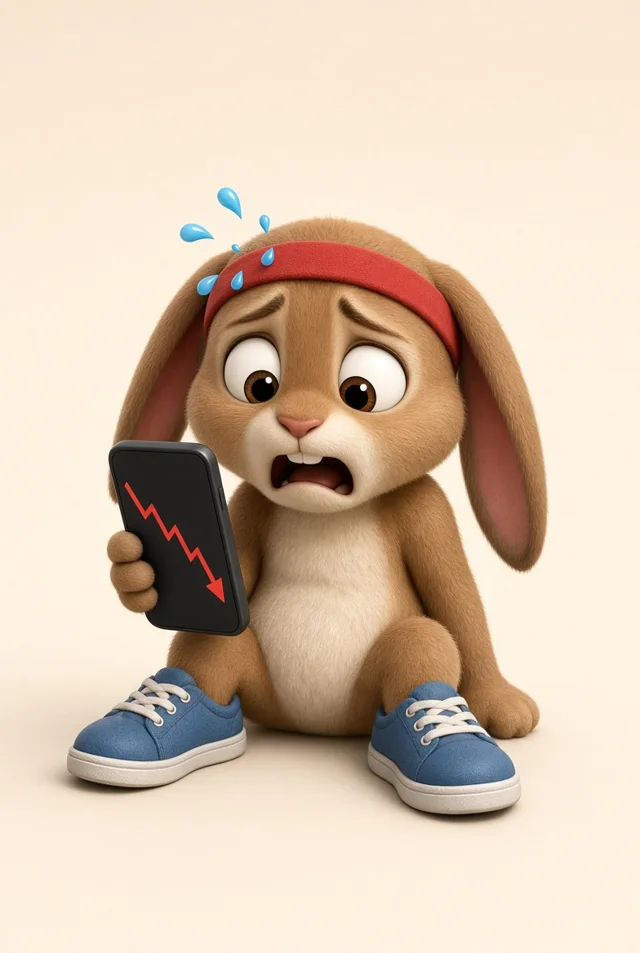 Fast the hare sitting on the floor, liquidated, red chart on his phone