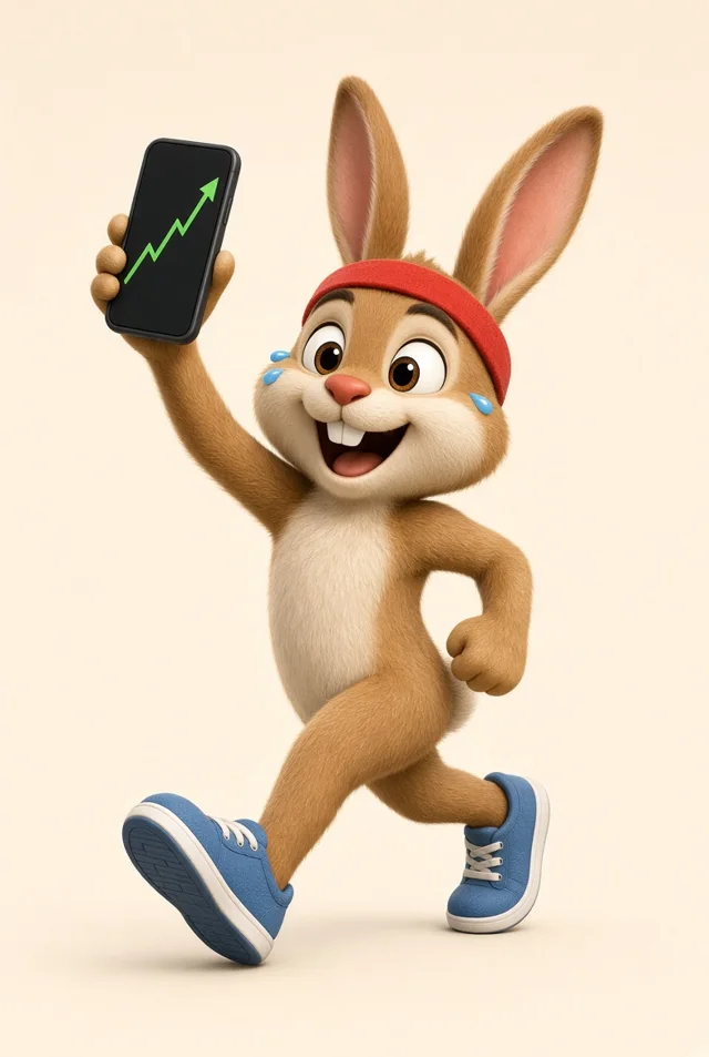 Fast the hare, hyped, holding a phone with a green chart